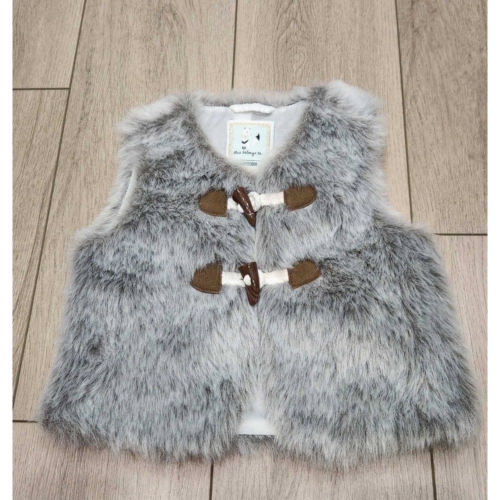 Kids Girls XS (4) Grey Faux Fur Toggle Vest Grey White Gymboree